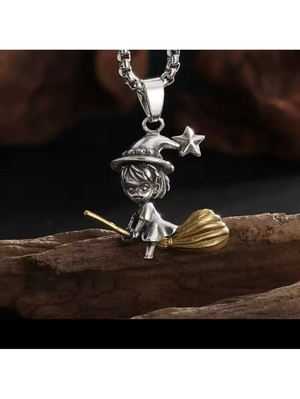 Witch Flying on Broom Tone Heavy Pendant and Necklace #1432